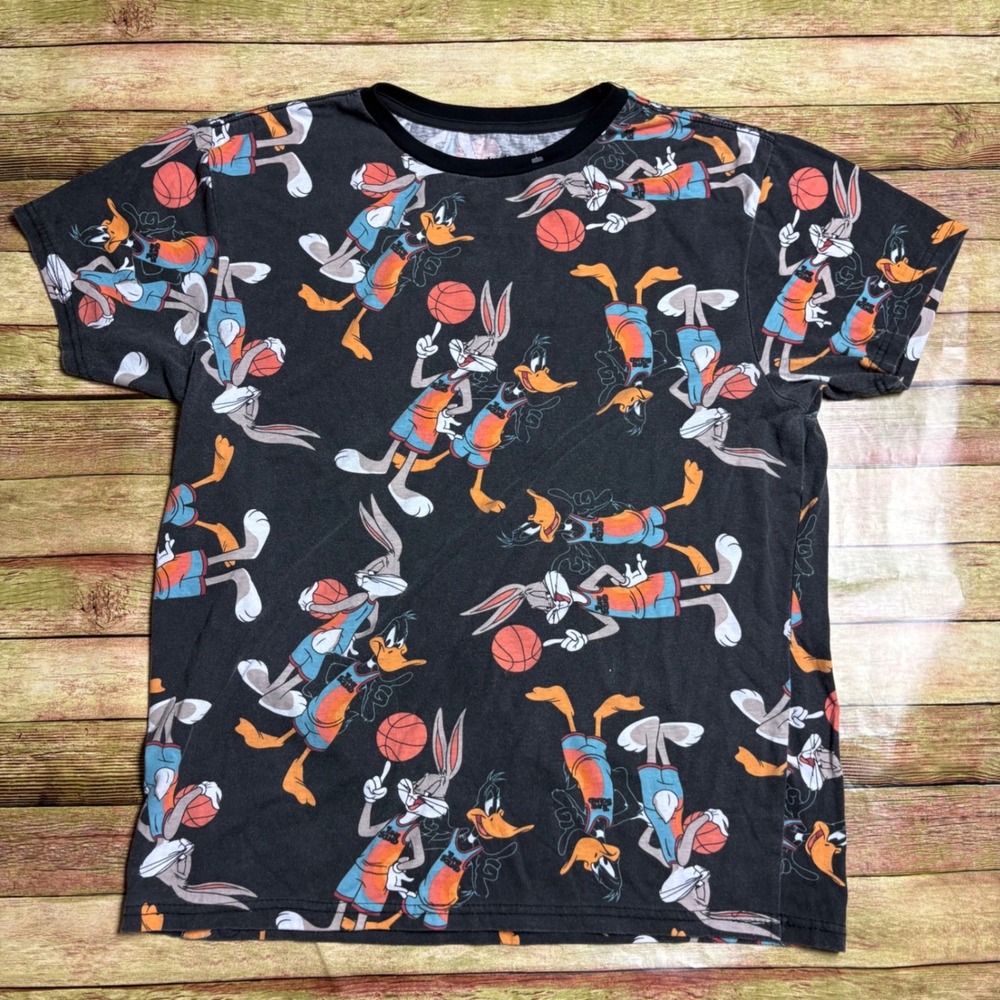 Space Jam AOP Graphic T-Shirt • Tune Squad Bugs & Daffy Black Tee • Size Large
